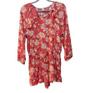 2/$30 LOFT Beach Romper Womens Small Floral Ruffle V Neck Drawstring Waist Boho